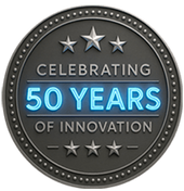 Circular badge celebrating 50 years of innovation with stars on a white background