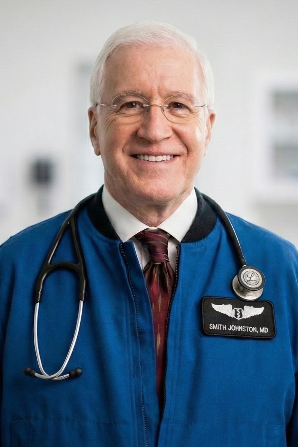 Man wearing a blue jacket with a logo in an indoor setting