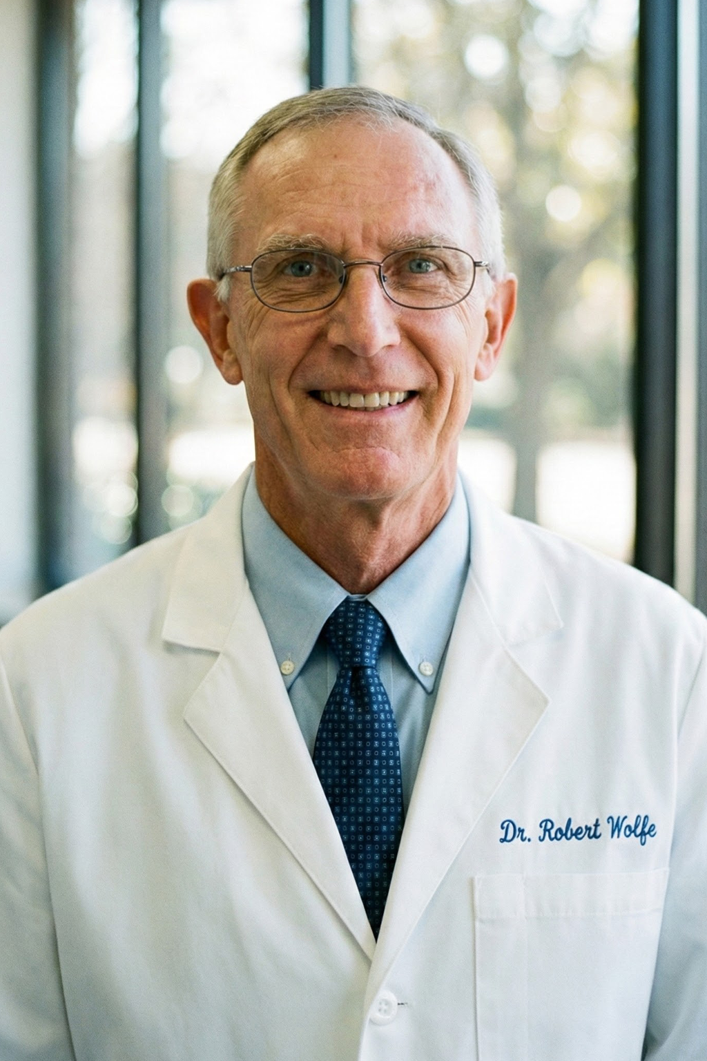 Man wearing a blue jacket with a logo in an indoor setting