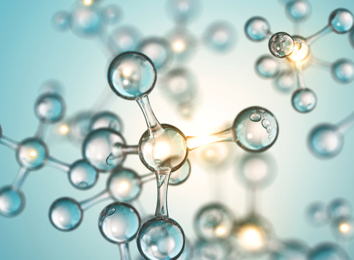 Molecular structure model on a light blue background